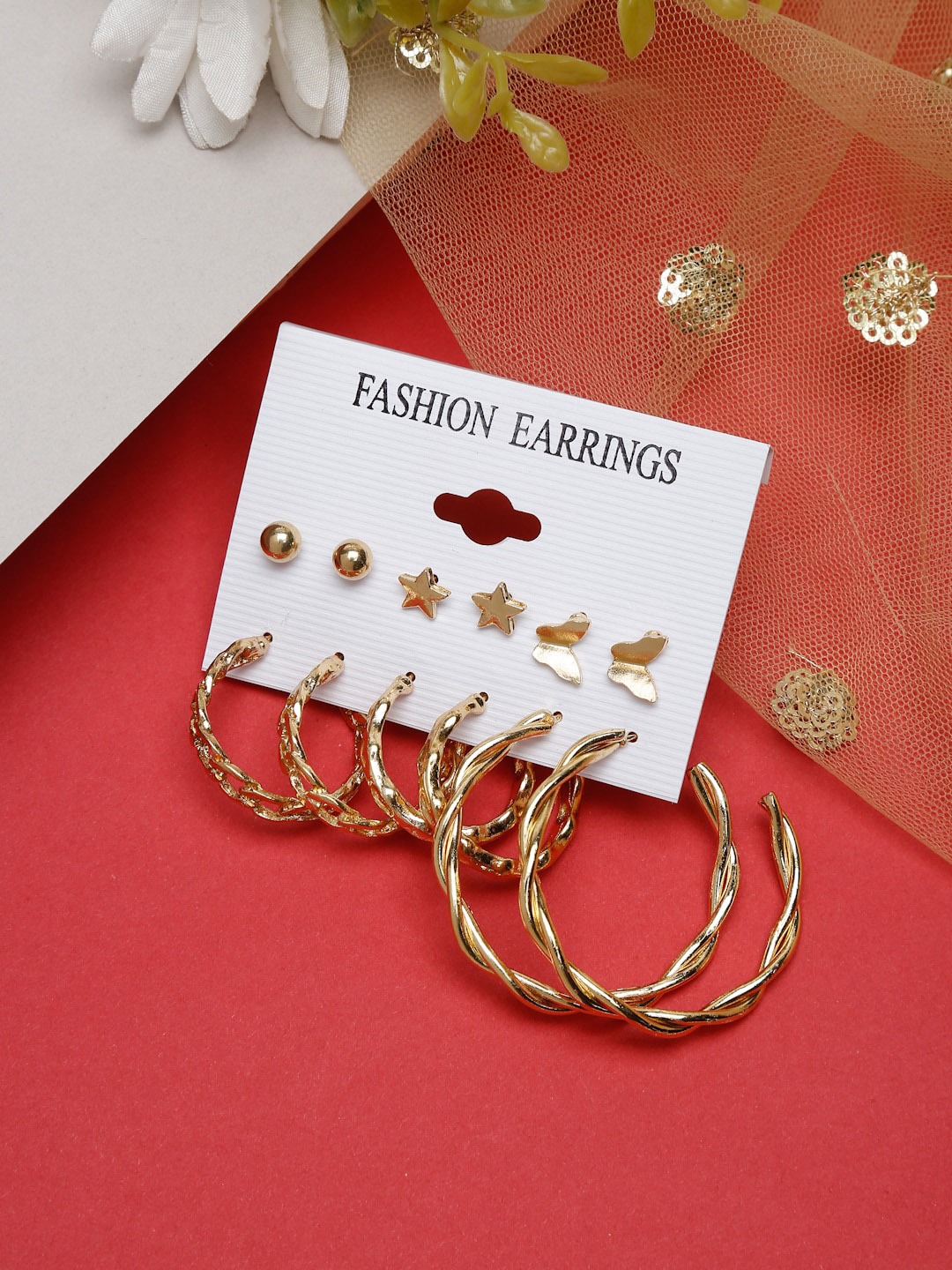 Set Of 6 Gold-Toned Contemporary Studs Earrings